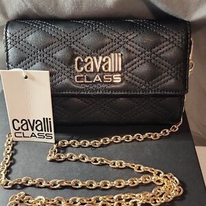 Cavalli NWT Class Black Quilted Clutch with Gold Chain